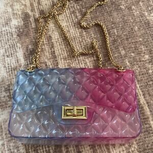Jelly Purse Crossbody Pink & Blue ‘Don’t Be Jelly’’ Gold Hardware And Gold Chain